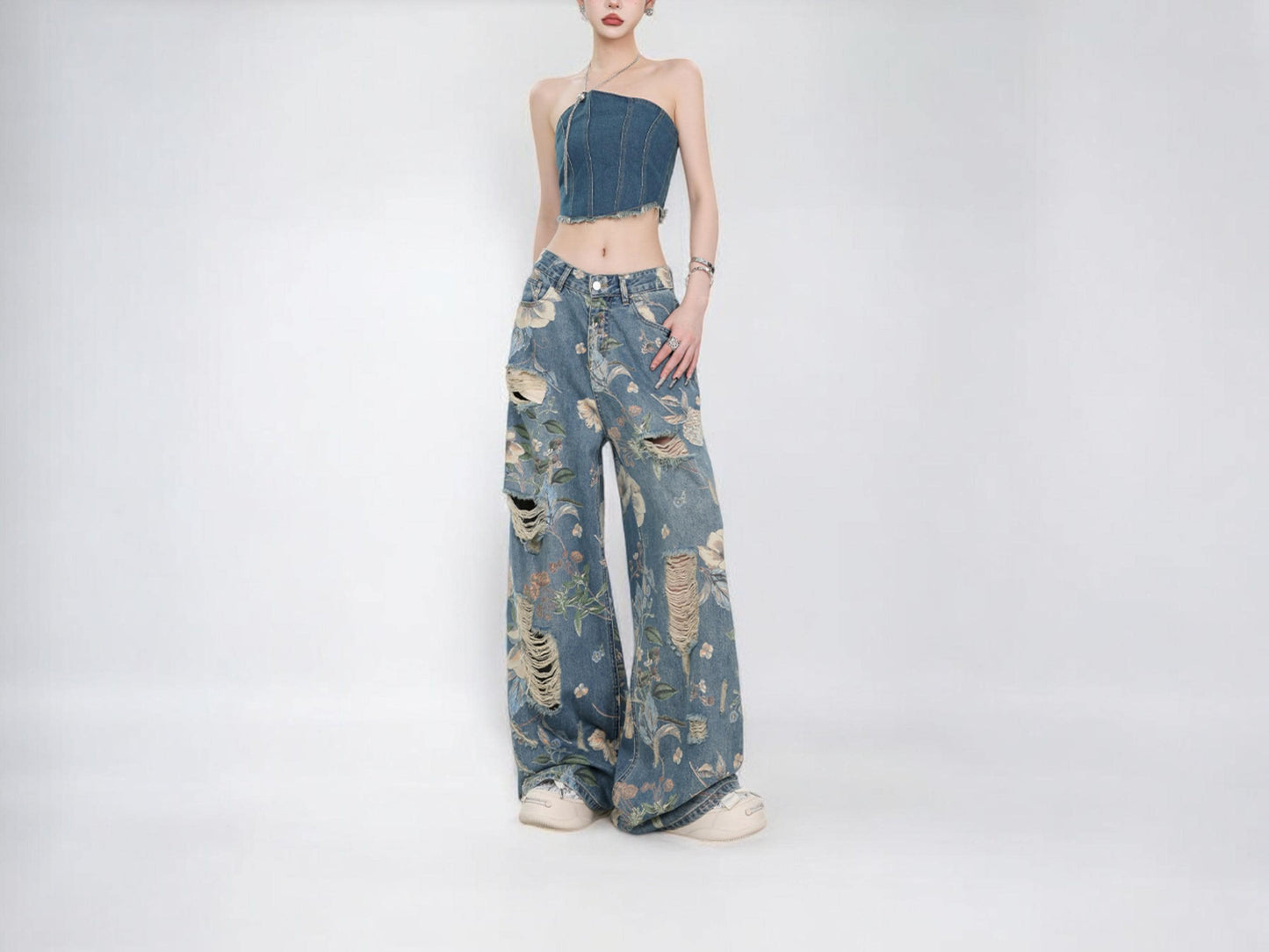 Baggy Jeans | Floral Pants, Front, Clear